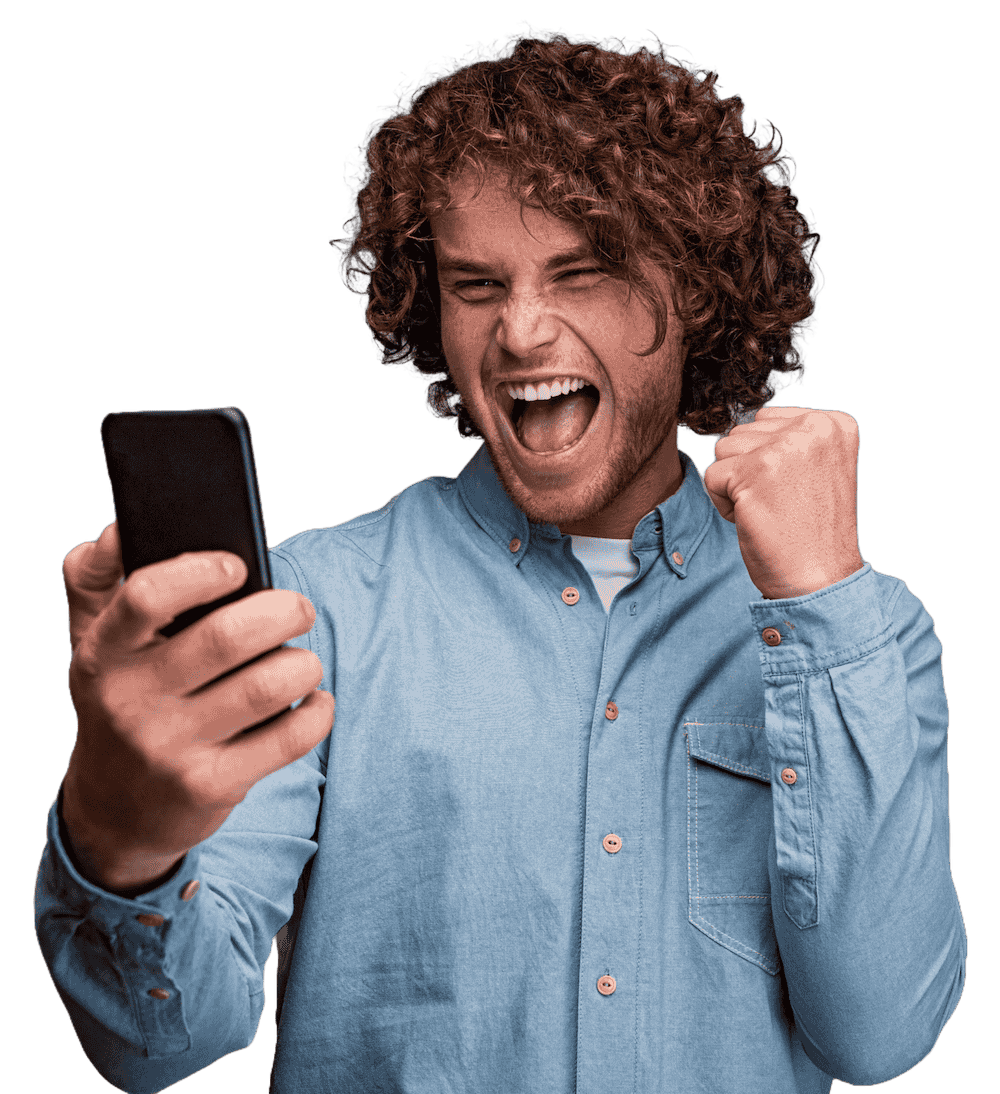 Excited man looking at phone